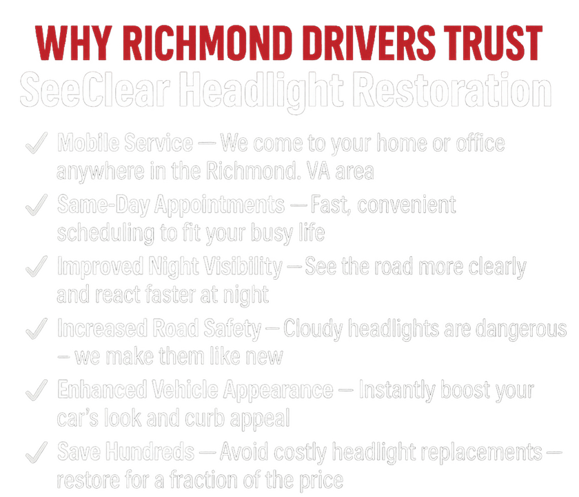 Why Richmond Drivers Trust SeeClear Headlight Restoration At SeeClear Headlight Restoration, we provide professional, mobile headlight restoration services to drivers in Richmond, VA and surrounding areas. Whether you're at home or work, our team comes to